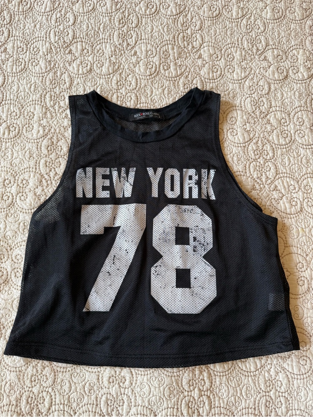 Vintage black sheer mesh varsity crop tank